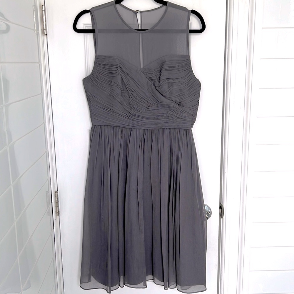 Elegant silk chiffon J. Crew Clara dress with sheer neckline. Purple grey color.